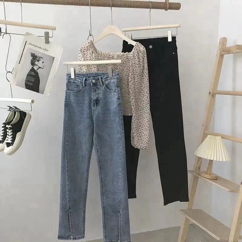 裤脚开叉女士修身直筒牛仔裤