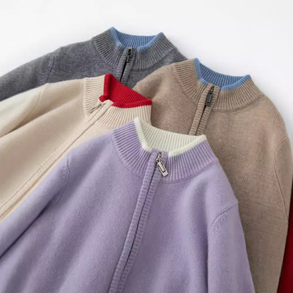 【舒淇同款】秋冬季儿童羊绒外套撞色针织毛衣男女童拉链开衫中大