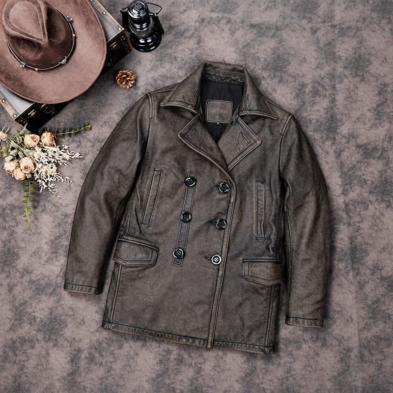 中长款真皮皮衣男士双排扣风衣做旧头层牛皮夹克740大码商务外套