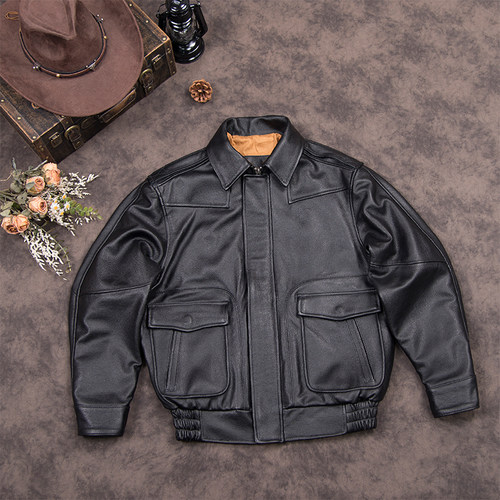 新款港风皮夹克头层牛皮大码外套宽松飞行服皮衣男短款胖子骑行装