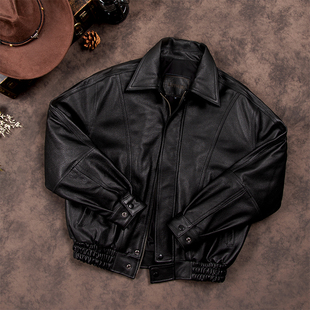 真皮皮衣男士纯头层牛皮飞行服港风翻领皮夹克宽松大码200斤外套