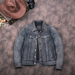 夹克男修身 经典 头层牛皮复古石磨做旧真皮牛仔款 皮衣 外套 507工装