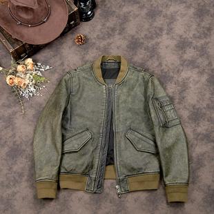 复古A1飞行员皮夹克石磨做旧头层牛皮机车服真皮皮衣男棒球服外套