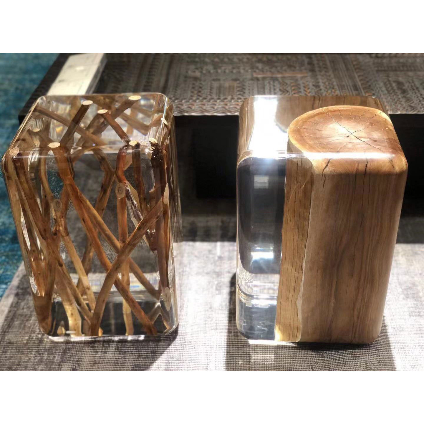 酒店客厅现代软装水晶木墩桉木原木透明边几 亚克力树脂木墩