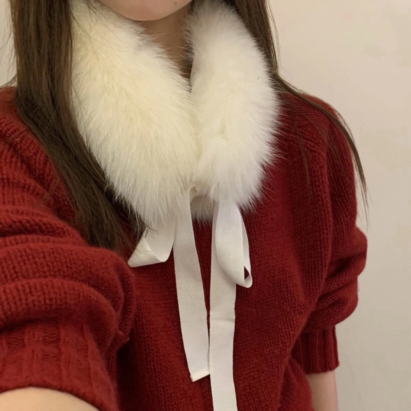韩系超甜！白色仿皮草毛绒系带毛领围巾时髦洋气百搭简约围脖装饰