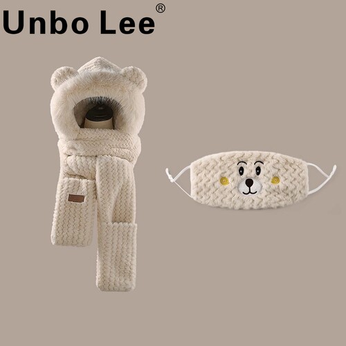 Unbo Lee小熊帽子女围巾手套一体连帽冬季围脖可爱保暖毛绒三件套