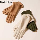 Unbo Lee冬天手套女仿麂皮防风手套秋冬季 加绒保暖骑车露指触摸屏