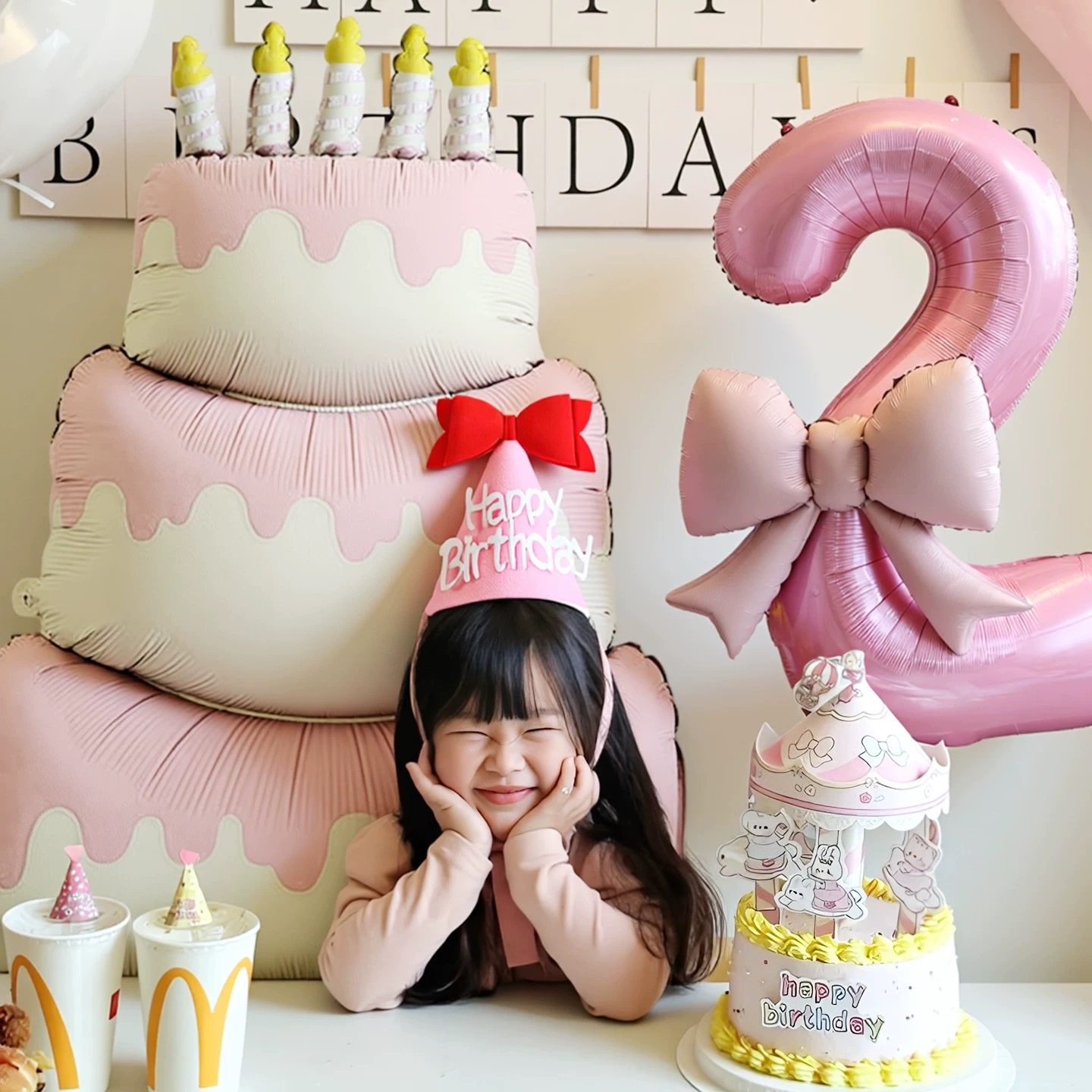 女孩生日布置粉色大蛋糕气球粉色数字气球2周岁3岁生日快乐气球,节庆用品/礼品,气球,淘宝优惠券,粉丝福利购,淘宝优惠卷