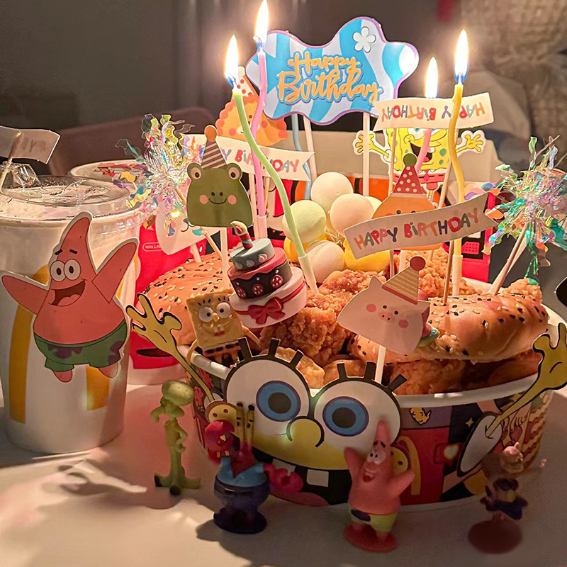 海绵宝宝蛋糕装饰摆件海绵宝宝插牌麦当劳汉堡版生日装扮插牌