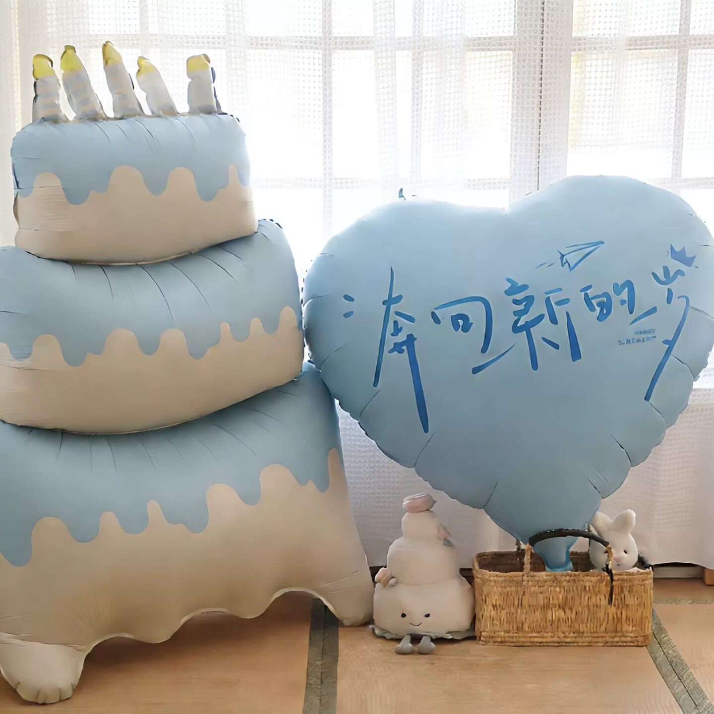 超大三层蓝色蛋糕气球大爱心男女孩周岁派对布置装饰场景拍照道具