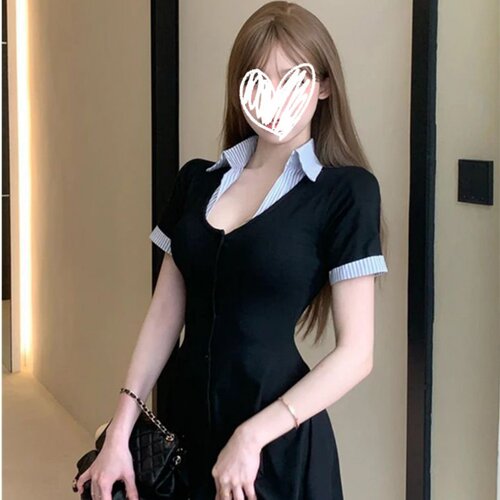微胖mm简约时髦显瘦撞色拼接短袖连衣裙辣妹性感百搭通勤风A字裙