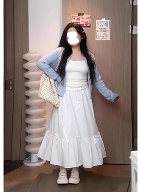 温柔气质纯色吊带背心＋蓝色长袖开衫新款微胖大码半身裙三件套