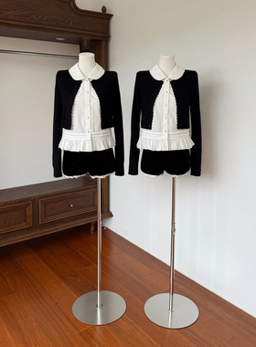 秋季新款小众白色娃娃领设计上衣黑色长袖开衫两件套女甜美套装潮