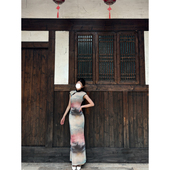 改良版 古典水墨画旗袍长裙新款 时尚 夏季 气质优雅风立领无袖 连衣裙