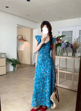 夏季新款度假风蓝色印花荷叶边收腰连衣裙微胖法式温柔高知穿搭裙