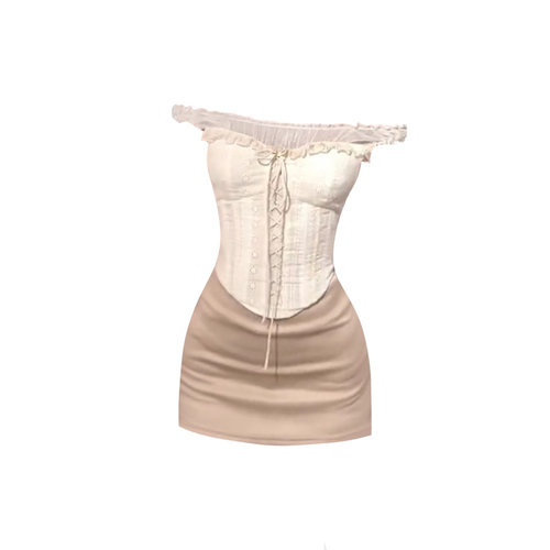 夏季新款小众设计感辣妹风一字肩绑带露肩上衣微胖包臀短裙两件套