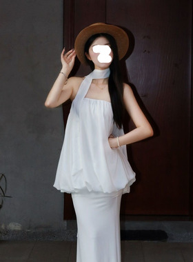 时尚高级超好看白色抹胸上衣女装新款小众大码高腰显瘦半裙两件套