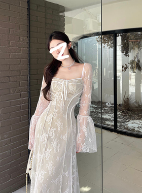 方领小众收腰显瘦喇叭袖设计感时尚法式气质优雅连衣裙女微胖大码