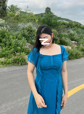 大码胖mm蓝色荷叶边设计短袖连衣裙女早秋新款纯欲修身显瘦中长裙