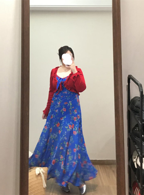 微胖MM法式时尚高级感温柔风蓝色碎花连衣裙新款纯色开衫两件套