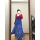 微胖MM法式 两件套 纯色开衫 时尚 高级感温柔风蓝色碎花连衣裙新款