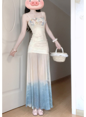 法式时尚温柔优雅纯欲风新款黄色渐变连衣裙微胖印花收腰显瘦长裙