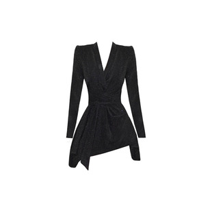 御姐千金风黑色V领长袖连衣裙女新款小众轻奢收腰绑带A字裙轻奢