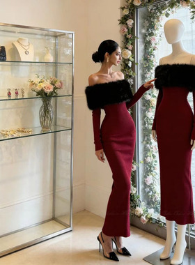 法式轻奢轻熟风一字肩毛领连衣裙法式新款大码MM高级修身显瘦长裙