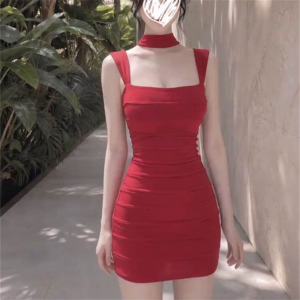 韩系小众纯欲优雅气质精致连衣裙女夏季新款红色微胖大码显瘦短裙