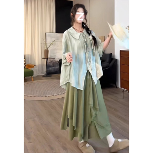 新款 女微胖宽松显瘦度假风上衣女 时尚 设计感不规则拼接绑带衬衫