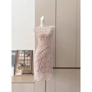 显瘦名媛蕾丝连衣裙新款 气质修身 轻熟风温婉优雅裙子 微胖无袖 法式