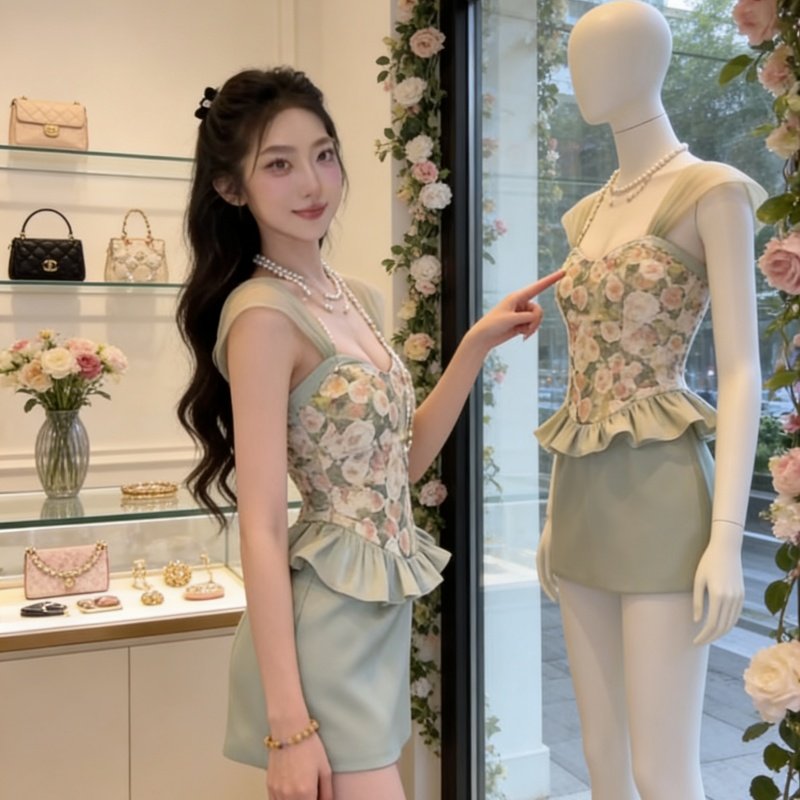 大码mm甜美减龄设计碎花吊带连衣裙女森女温柔气质修身显瘦包臀裙