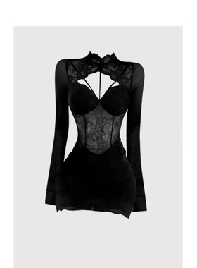 大码纯欲风镂空蕾丝长袖连衣裙女秋季辣妹微胖mm显瘦收腰包臀短裙