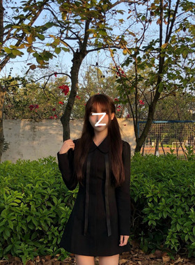 新款气质秋季度假风黑色长袖连衣裙法式微胖赫本风蝴蝶结A字裙女