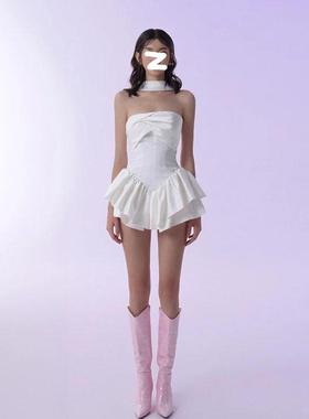 辣妹抹胸连衣裙公主名媛生日小礼服挂脖黑色设计感白色蓬蓬裙子潮