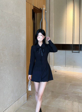 新款时尚减龄秋季千金风黑色连衣裙法式微胖小众气质蝴蝶结A字裙