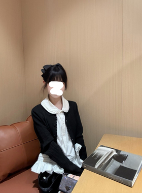 白色内搭花边拼接设计衬衫黑色开衫两件套女秋季新款甜美韩系套装