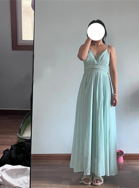 法式时尚高级感微胖蓝色吊带连衣裙夏新款收腰显瘦V领吊带长裙子