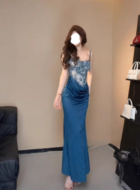 改良版新中式礼服连衣裙新款碎花吊带长裙微胖温柔优雅包臀鱼尾裙