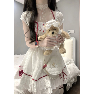 新款小众设计感甜美可爱氛围感方领收腰连衣裙微胖蝴蝶结半身裙