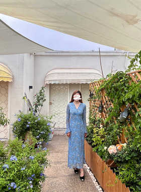 大码MM高级感蓝色印花连衣裙女新款法式复古气质收腰显瘦长袖裙子