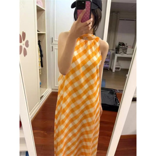 气质简约通勤风宽松遮肉橙色格纹长裙夏日新款 复古时尚 背心连衣裙