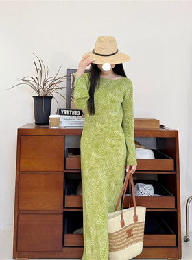 春季新款大方得体优雅御姐风绿色印花长袖连衣裙微胖时尚气质长裙