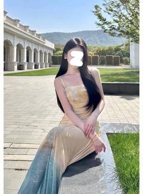 韩版夏日时尚高级温柔优雅风新款黄色渐变连衣裙微胖绝美收腰长裙