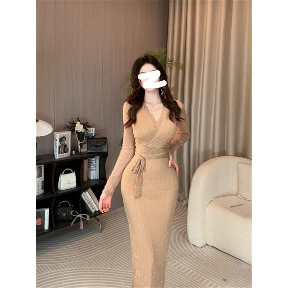 性感纯欲秋季新款微胖大码长袖连衣裙小众法式修身显瘦绑带包臀裙,女装/女士精品,连衣裙,淘宝优惠券,粉丝福利购,淘宝优惠卷