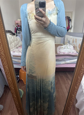 设计感通勤温柔风新款渐变立体花朵吊带裙蓝色开衫微胖时尚套装