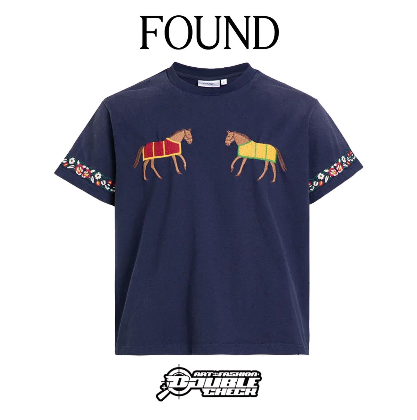 【Profound】Horse Equine Tee深蓝色民族风战马花卉刺绣短袖T恤