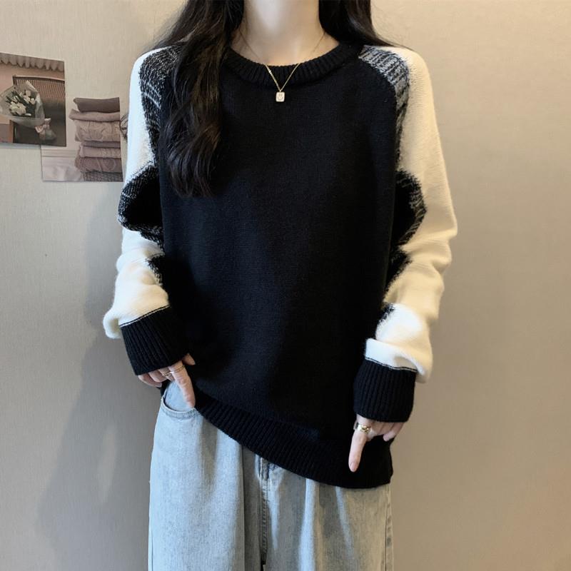 美式圆领毛衣女加厚春秋款2025大码胖mm设计感上衣长袖打底针织衫