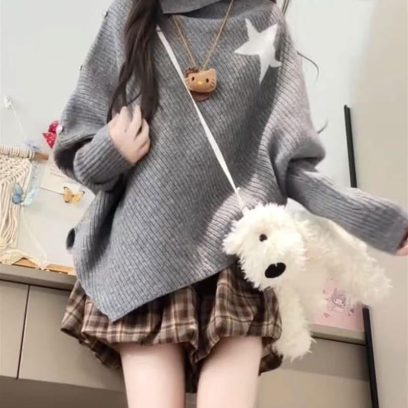 高领不规则小众设计感毛衣女秋冬韩版宽松慵懒风软糯针织斗篷上衣