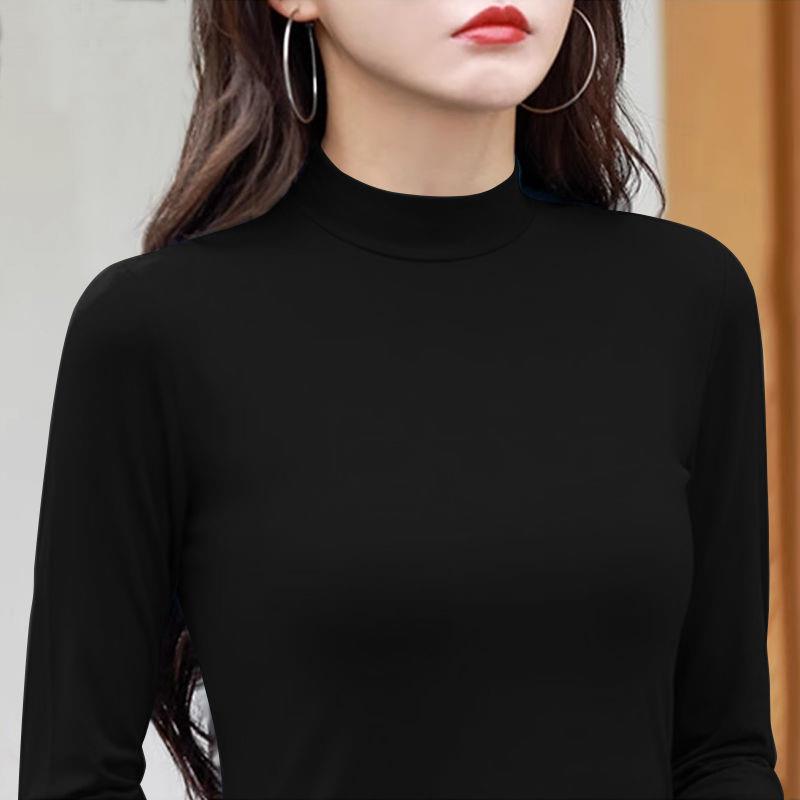 纯棉螺纹t恤女春秋季新款半高领百搭显瘦修身长袖小立领打底衫女